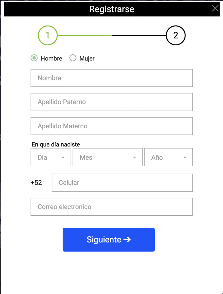 Pantalla de registro Codere