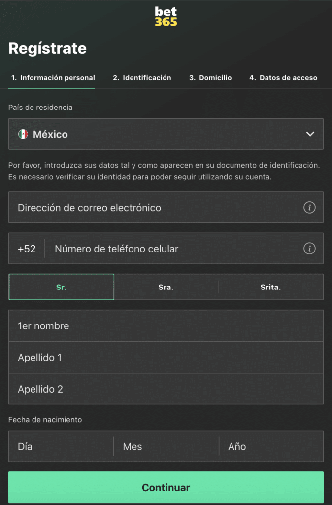 pantalla de registro en bet365